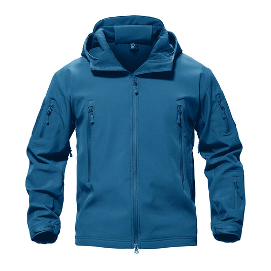 Unisex waterproof MountainGuard softshell jacket with fleece lining and multiple zipper pockets, designed for outdoor adventures in cool weather.